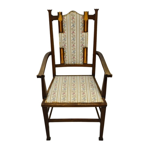 160 - An Art Nouveau inlaid occasional armchair, tulip motifs on splat, upholstered back and seat on squar... 