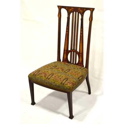 162 - An Arts and Crafts J.S. Henry inlaid mahogany nursing chair, with original brocade fabric, 88cm high