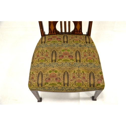 162 - An Arts and Crafts J.S. Henry inlaid mahogany nursing chair, with original brocade fabric, 88cm high