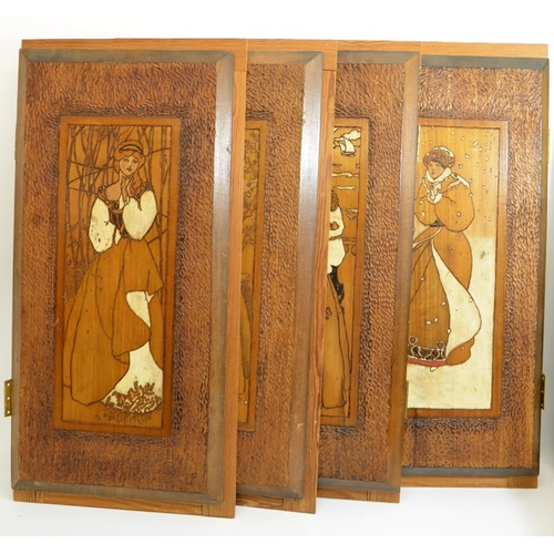 164 - A set of four Arts and Crafts wooden panels, each incised with an allegorical figure of the seasons,... 