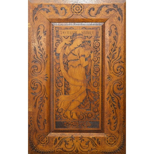 165 - Walter Crane for Morris and Co. (attributed), a pair of Arts and Crafts mahogany pyrography panels, ... 