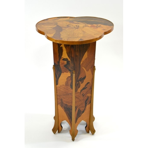 173 - Emile Galle, an Art Nouveau marquetry pedestal occasional table, circa 1900, the trefoil top inlaid ... 