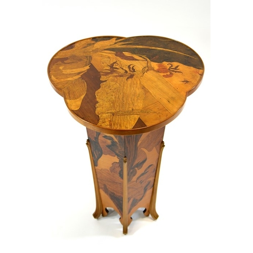 173 - Emile Galle, an Art Nouveau marquetry pedestal occasional table, circa 1900, the trefoil top inlaid ... 