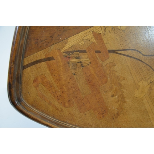 182 - Emile Galle, an Art Nouveau marquetry occasional table, circa 1900, the triangular shield top with i... 