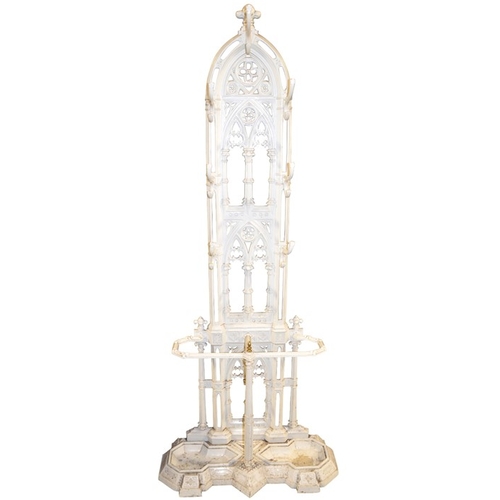 191 - A Gothic Revival cast iron hall stand, three tiers of decorated open arches with seven coat hooks an... 