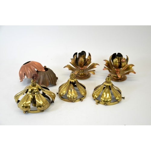 208 - W A S Benson, a collection of various Arts and Crafts brass and copper light fittings, leaves and pe... 