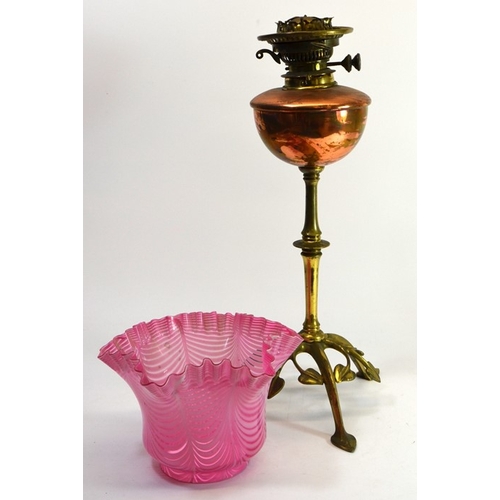 209 - W A S Benson, an Arts and Crafts copper and brass oil lamp, model 401, circa 1890, the copper reserv... 