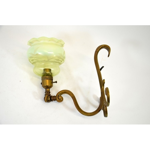 214 - An Arts and Crafts brass and glass light fitting, in the Benson style, cast scroll form with hook ba... 