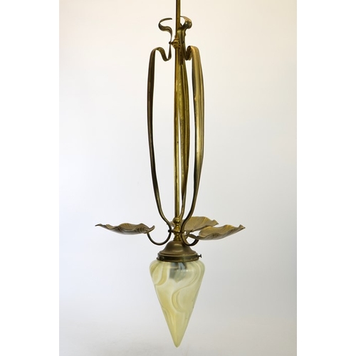 223 - An Arts and Crafts brass pendant light fitting, the single arm with three applied naturalistic tendt... 