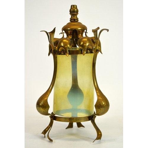 230 - James Powell and Sons, an Arts and Crafts brass pendant light fitting, lantern style with cylindrica... 