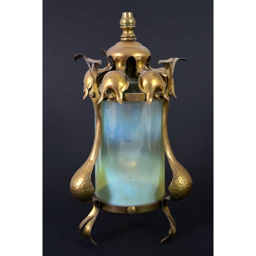 230 - James Powell and Sons, an Arts and Crafts brass pendant light fitting, lantern style with cylindrica... 