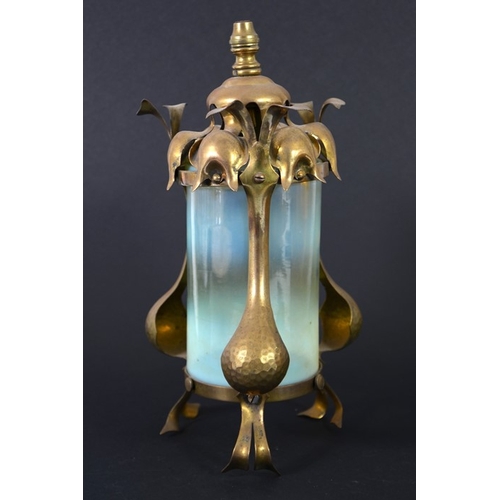 230 - James Powell and Sons, an Arts and Crafts brass pendant light fitting, lantern style with cylindrica... 