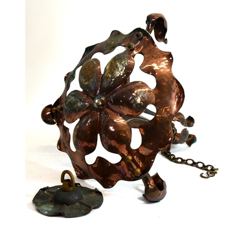 232 - An Arts and Crafts copper pendant light fitting, circa 1900, hammered naturalistic foliate form, the... 