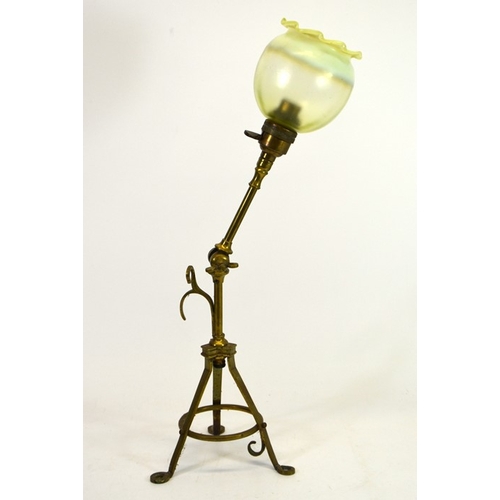 239 - An Arts and Crafts Pullman type brass table lamp, adjustable, tripod form with hanging hooks and scr... 