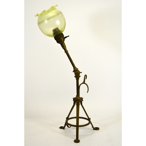 239 - An Arts and Crafts Pullman type brass table lamp, adjustable, tripod form with hanging hooks and scr... 