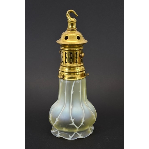 241 - An Arts and Crafts glass pendant light, straw opal optic moulded gourd form with opaque thorny tendr... 