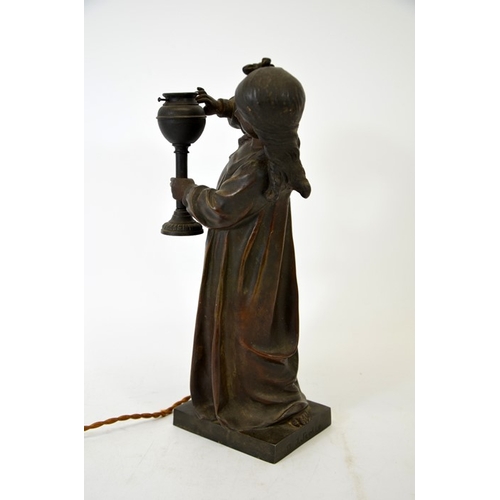 250 - A J Scotte, a bronzed figural electric table lamp, circa 1900, modelled as a girl holding an oil lam... 