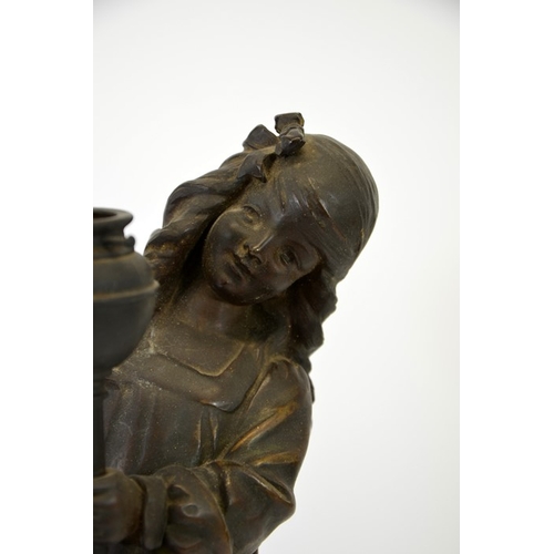 250 - A J Scotte, a bronzed figural electric table lamp, circa 1900, modelled as a girl holding an oil lam... 