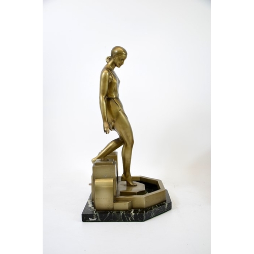 268 - Pierre le Faguays, an Art Deco bronze figural lamp, modelled as female bather descending into a pool... 