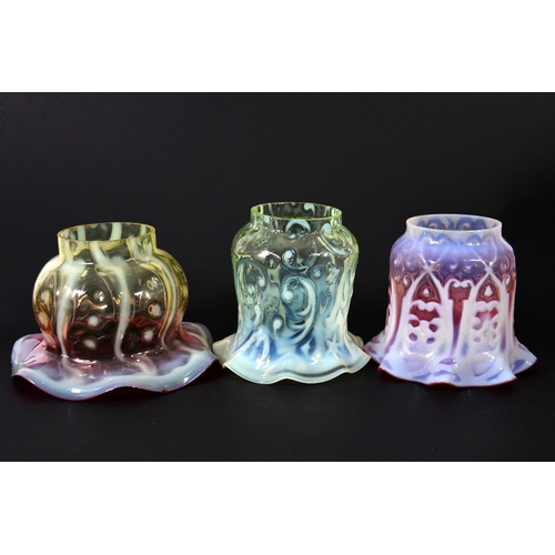 296 - John Walsh Walsh, three Arts and Crafts glass light shades, each of gas fitting, bulbous form with c... 