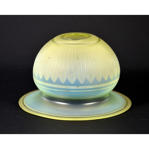 304 - John Walsh Walsh, a vaseline glass light shade, ovoid form with wide brim rim, etched in the Neoclas... 