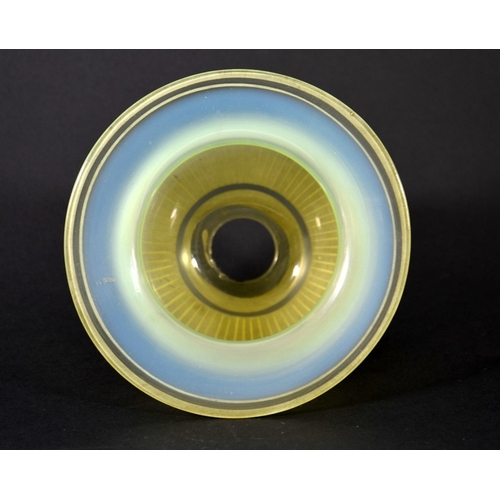 304 - John Walsh Walsh, a vaseline glass light shade, ovoid form with wide brim rim, etched in the Neoclas... 