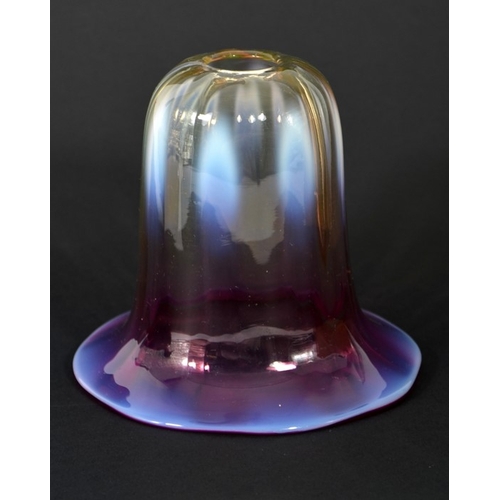 328 - An Arts and Crafts cranberry tinted straw opal glass light shade, optic moulded vertical bands, 13cm... 