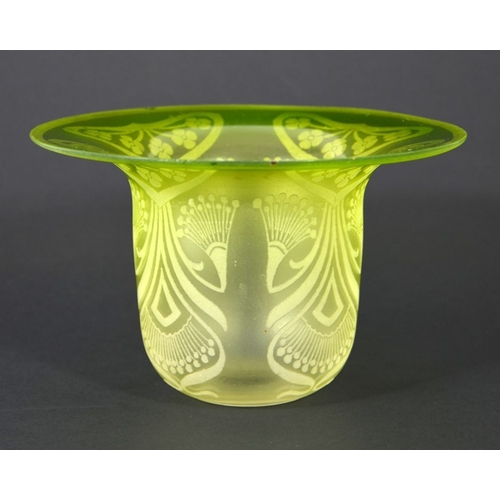 336 - An Arts and Crafts etched glass light shade, in the Art Nouveau style, green tinted Vaseline frosted... 