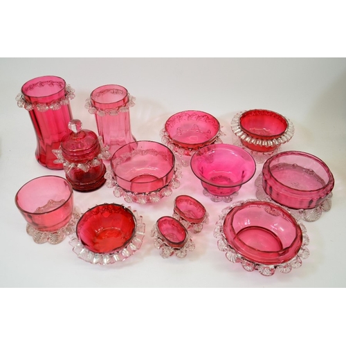 349 - A large collection of Victorian cranberry glass, including celery vases, salt cellars, finger bowls,... 