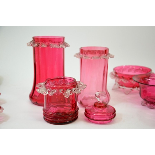 349 - A large collection of Victorian cranberry glass, including celery vases, salt cellars, finger bowls,... 