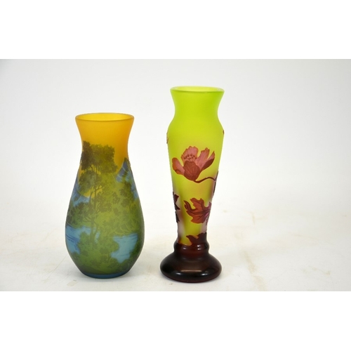 355 - Two Galle Tip vases, one with floral design on a green ground, the other with a mountain and lake sc... 