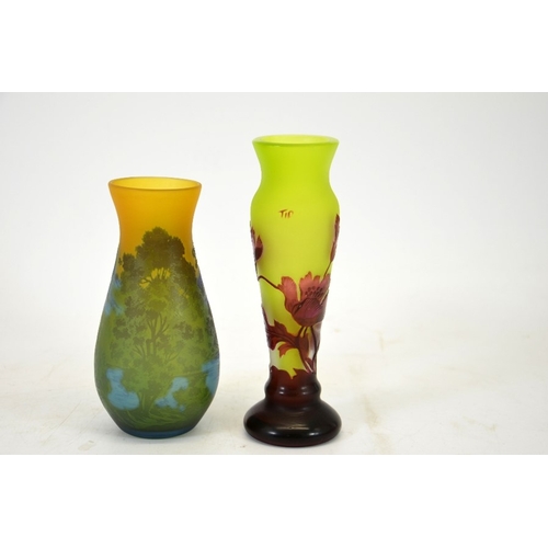 355 - Two Galle Tip vases, one with floral design on a green ground, the other with a mountain and lake sc... 