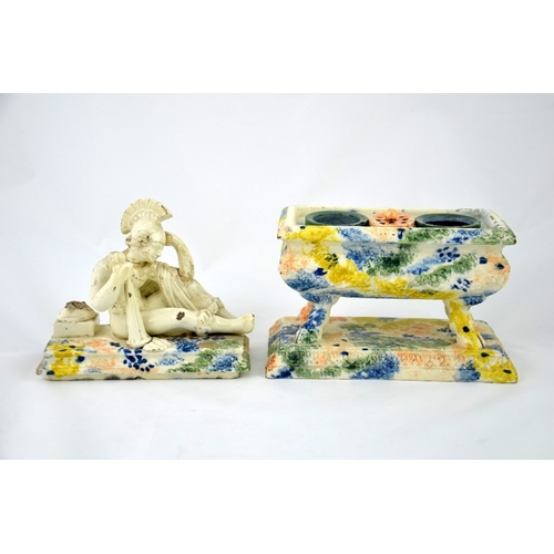 997 - A 19th century Prattware ink stand, sarcophagus form, the lid with a reclining Classical figure of a... 