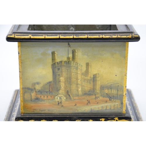 97 - A Victorian Welsh slate tobacco box, circa 1850, painted with scenes of Eagle Tower, Caernarfon Cast... 