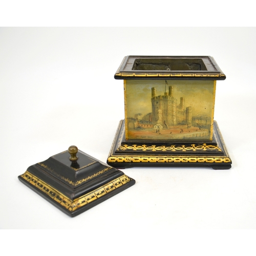 97 - A Victorian Welsh slate tobacco box, circa 1850, painted with scenes of Eagle Tower, Caernarfon Cast... 