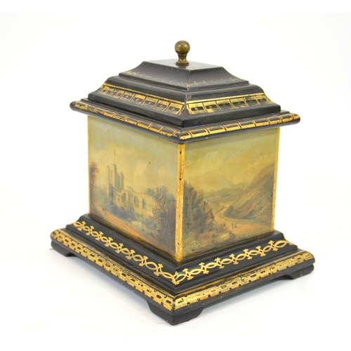 97 - A Victorian Welsh slate tobacco box, circa 1850, painted with scenes of Eagle Tower, Caernarfon Cast... 