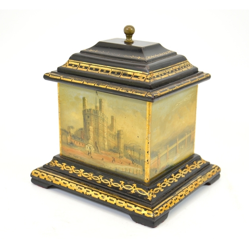 97 - A Victorian Welsh slate tobacco box, circa 1850, painted with scenes of Eagle Tower, Caernarfon Cast... 