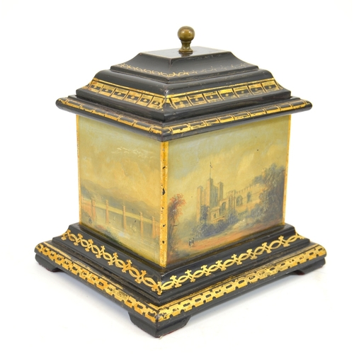 97 - A Victorian Welsh slate tobacco box, circa 1850, painted with scenes of Eagle Tower, Caernarfon Cast... 