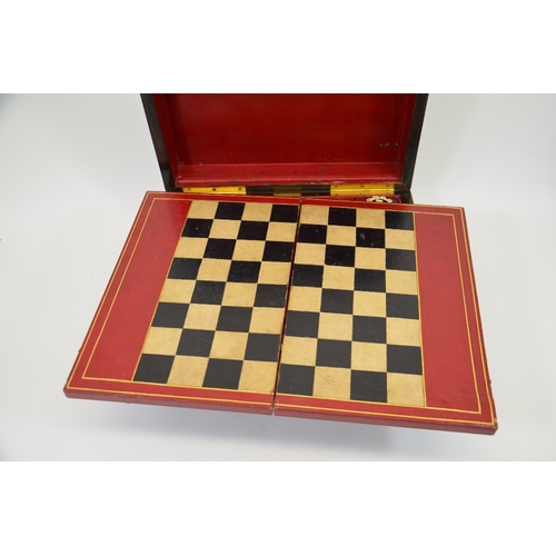 99 - A Victorian olive wood games compendium, circa 1875, brass banded with a matching ornate escutcheon,... 