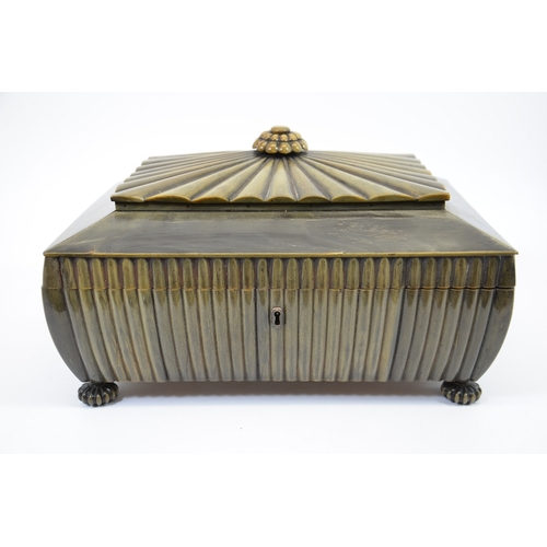 104 - An Anglo Indian, Vizagapatam, buffalo horn box, reeded bombe form with gadrooned finial, lined in sa... 