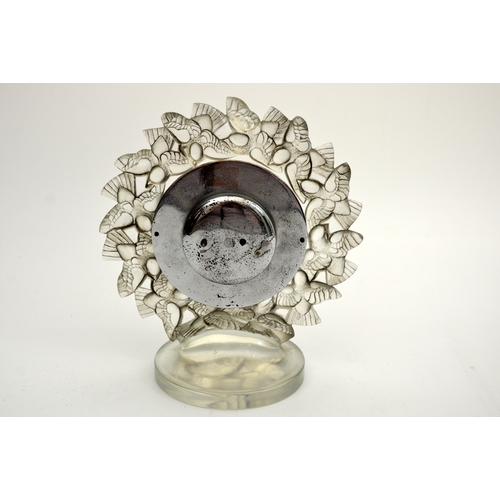 357a - Rene Lalique, a Roitelets glass clock, model 731, designed 1931, 3.5 inch dial with moulded and blac... 