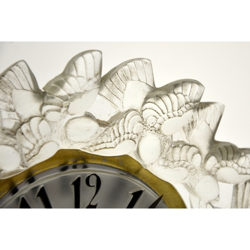 357a - Rene Lalique, a Roitelets glass clock, model 731, designed 1931, 3.5 inch dial with moulded and blac... 