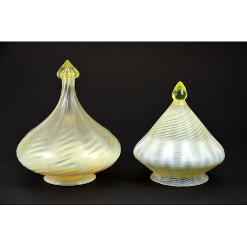 315 - John Walsh Walsh for W A S Benson, two Arts and Crafts glass light shades, conical drop form, straw ... 