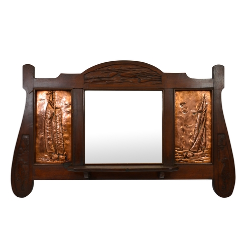 152 - An Arts and Crafts mahogany wall mounted mirror, flanked by repousse copper panels depicting sailing... 