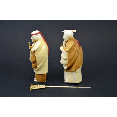 48 - λ A pair of 19th century Japanese carved ivory okimonos, Meiji, modelled as the Takasago elders with... 