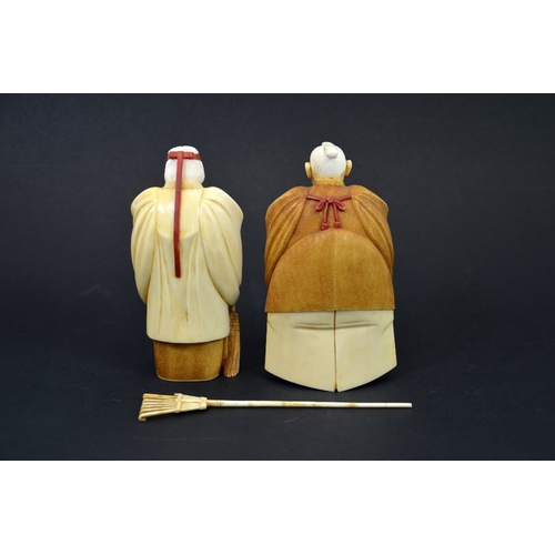 48 - λ A pair of 19th century Japanese carved ivory okimonos, Meiji, modelled as the Takasago elders with... 