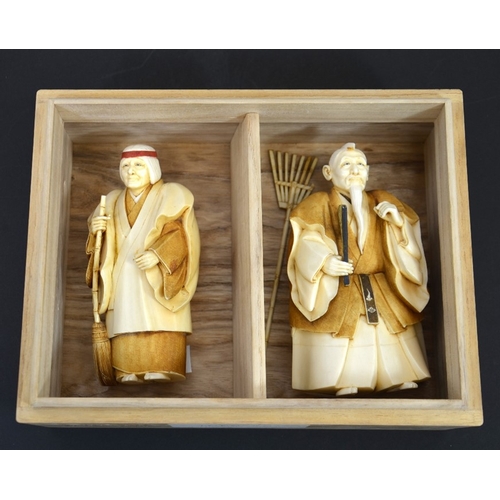 48 - λ A pair of 19th century Japanese carved ivory okimonos, Meiji, modelled as the Takasago elders with... 