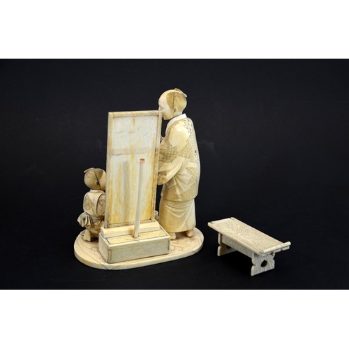 59 - λ A 19th century Japanese carved ivory okimono, Meiji, modelled as an art student and teacher, the c... 