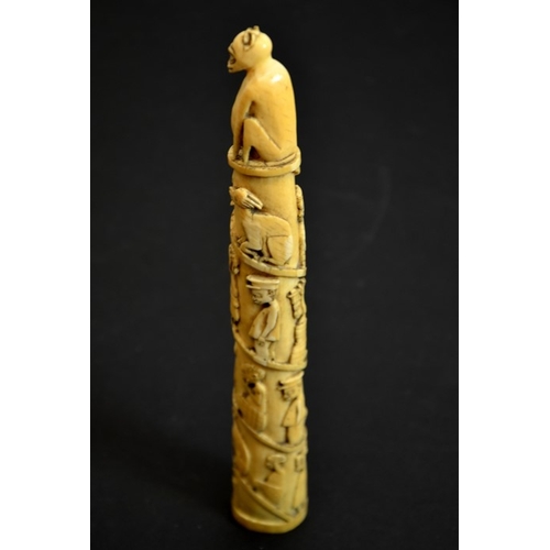 65 - λ A 19th century African tribal carved tusk, decorated with a spiral of African figures in European ... 