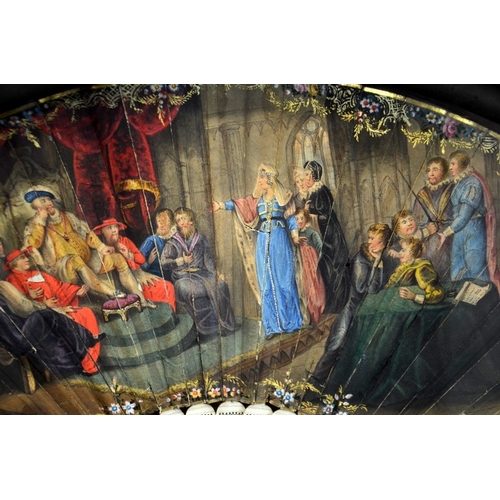 75 - A framed and glazed 19th century fan, hand painted with a courtly scene depicting Henry VIII and Cat... 